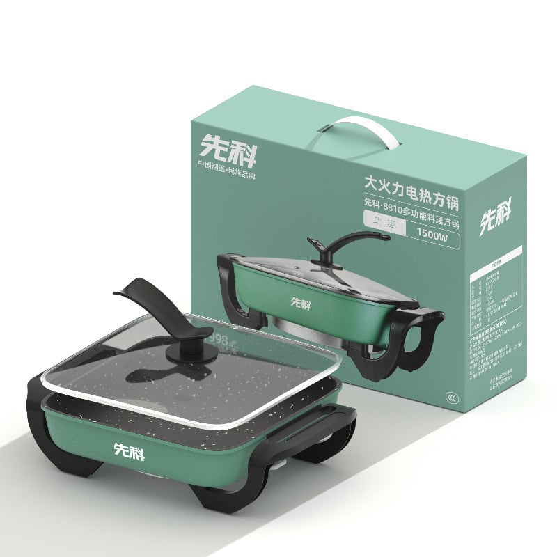 Oala electrică pentru uz casnic, pătrat, capacitate 3–4 L, putere 1200–1500 W, gătire multifuncțională: abur, prăjit, fiert, shabu-shabu și grătar