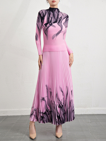 Set din două piese pentru femei: top cu mânecă lungă, în dungi, și fustă cu imprimeu, din chiffon și poliester, stil elegant pentru purtare zilnică, toamna 2023