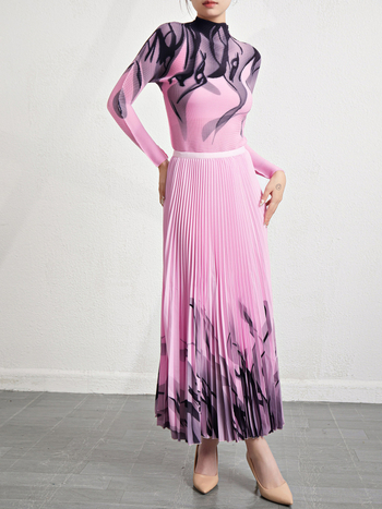 Set din două piese pentru femei: top cu mânecă lungă, în dungi, și fustă cu imprimeu, din chiffon și poliester, stil elegant pentru purtare zilnică, toamna 2023