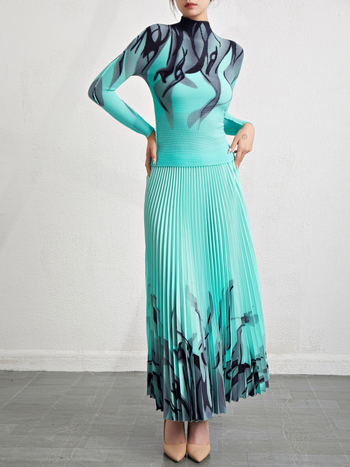 Set din două piese pentru femei: top cu mânecă lungă, în dungi, și fustă cu imprimeu, din chiffon și poliester, stil elegant pentru purtare zilnică, toamna 2023