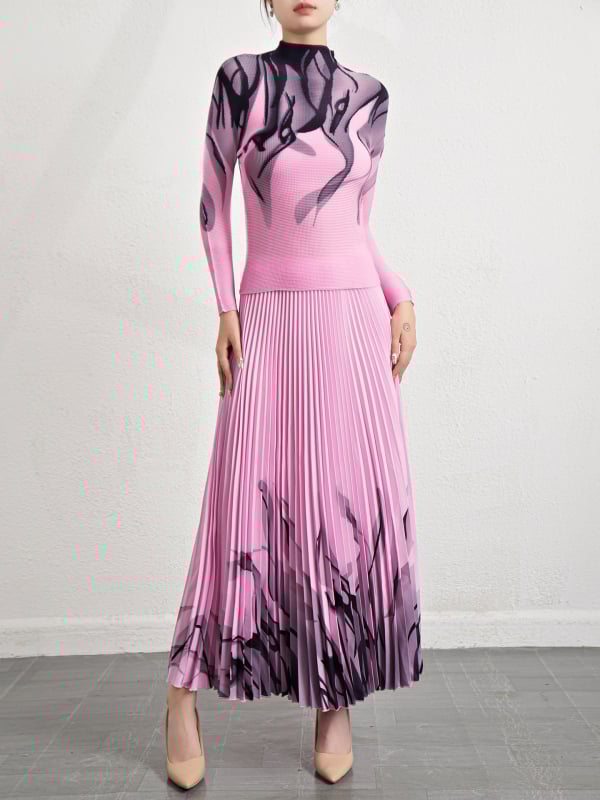 Set din două piese pentru femei: top cu mânecă lungă, în dungi, și fustă cu imprimeu, din chiffon și poliester, stil elegant pentru purtare zilnică, toamna 2023