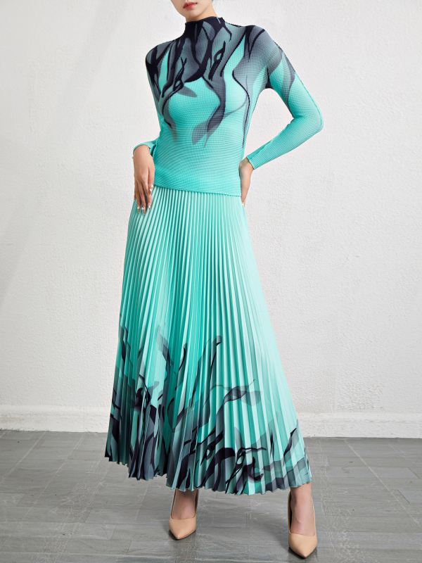 Set din două piese pentru femei: top cu mânecă lungă, în dungi, și fustă cu imprimeu, din chiffon și poliester, stil elegant pentru purtare zilnică, toamna 2023