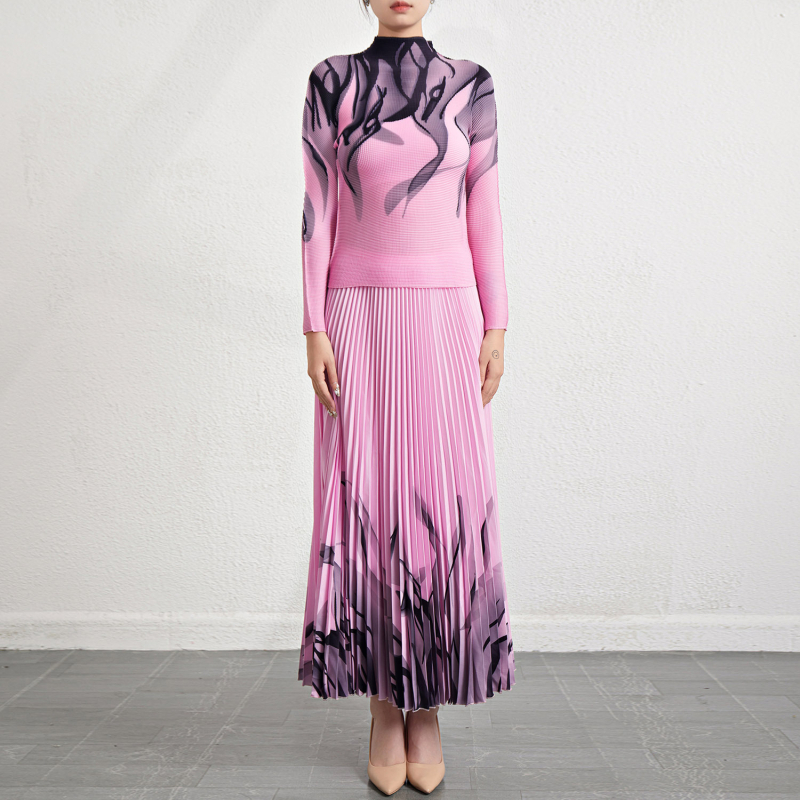 Set din două piese pentru femei: top cu mânecă lungă, în dungi, și fustă cu imprimeu, din chiffon și poliester, stil elegant pentru purtare zilnică, toamna 2023