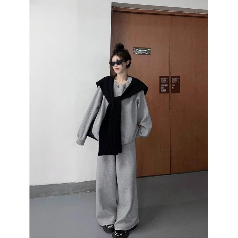 Set pantaloni casual din trei piese pentru femei, mâneci lungi, pantaloni trei sferturi (polyester, iarna 2025)