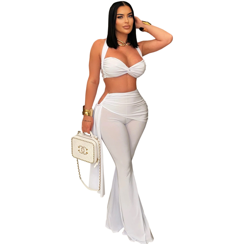 Ženski set s dugim hlačama i bez rukava – Milk Silk, polyester/elastan, patchwork detalj, ljeto 2025