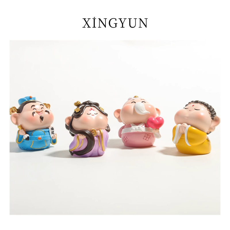 Munkaasztali dísz: Amitábha Buda és a Gazdagság Istene, gyanta, aranyos stílus, ajándék osztálytárs születésnapjára vagy karácsonyra