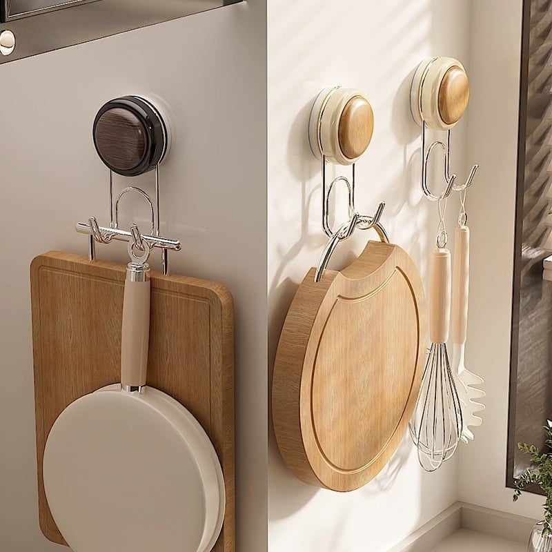 Кухненска вакуумна кука за дъска за рязане, без пробиване, двойна кука, неръждаема стомана, стенен монтаж, максимална носимост 5-10 кг