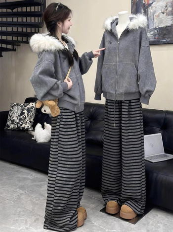 Ženski dvodijelni set s kapuljačom i krznenim ovratnikom, jesen/zimska casual odjeća, top s dugim rukavima i hlače, Lolita stil