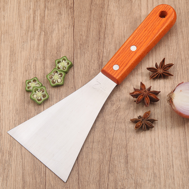 Spatulă de bucătărie cu mâner din lemn și lamă din oțel inoxidabil; antialunecare, rezistentă la temperaturi înalte, protecție împotriva arsurilor; unealtă de bucătărie multifuncțională