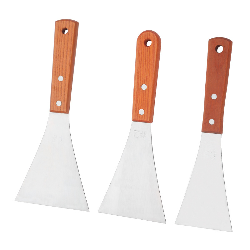 Spatulă de bucătărie cu mâner din lemn și lamă din oțel inoxidabil; antialunecare, rezistentă la temperaturi înalte, protecție împotriva arsurilor; unealtă de bucătărie multifuncțională