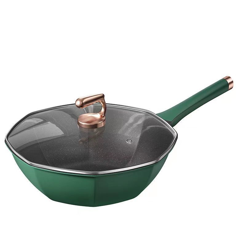Wok od Maifan kamena, non-stick premaz, osmerokutni oblik, stakleni poklopac, željezno tijelo, kompatibilan s indukcijom i plinskim plamenikom
