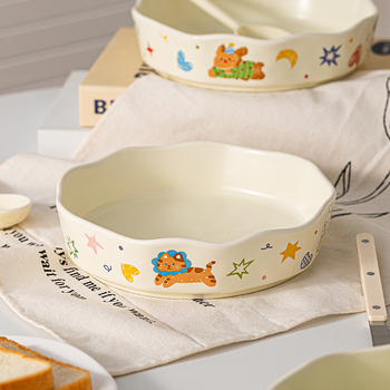 Tava ceramică pentru air fryer cu mâneri duble, model desen animat, formă neregulată