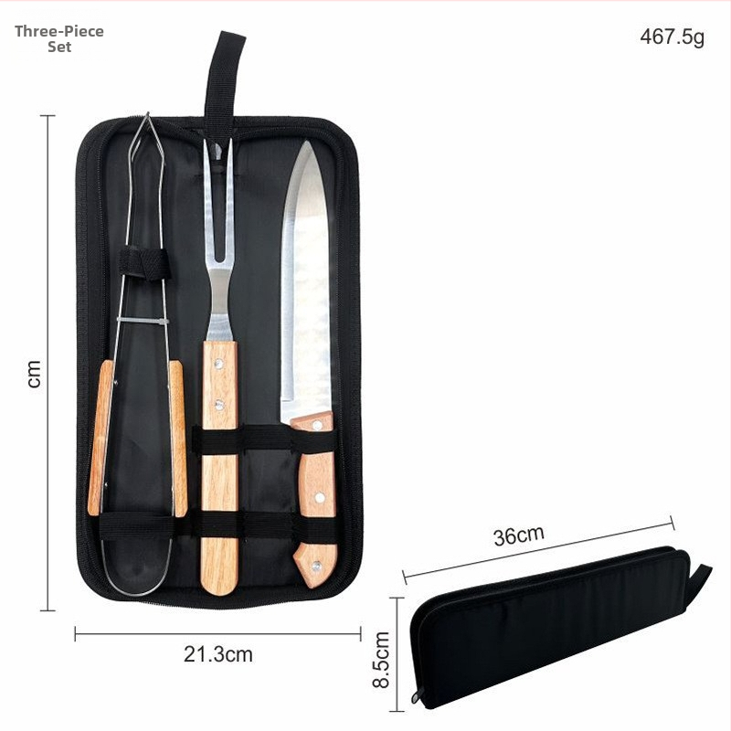 Комплект за барбекю от неръждаема стомана с дървена дръжка, 4 части: нож, клещи, вилица и шпатула – артикул GF0301