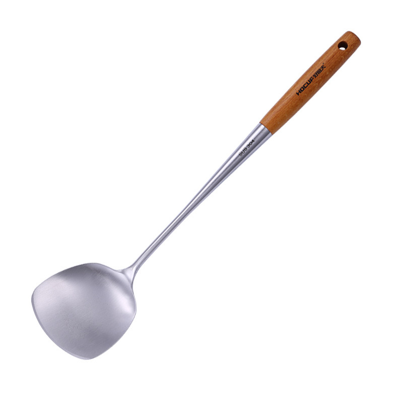 Set spatula od nehrđajućeg čelika s drvenim ručicama — uključuje jušnu žlicu, žlicu za prženje i žlicu za cijeđenje; kuhinjski alati otporni na toplinu