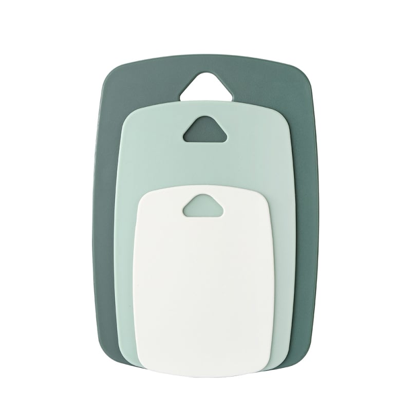 Tocător cu două fețe, set de trei bucăți din plastic, pentru fructe și hrana bebelușilor, antibacterian, stil modern minimalist.