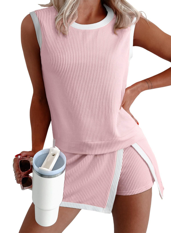 Casual zenski dvodijelni set: T-shirt u boji color-block i capri hlače, poliestersko-spandeks mješavina, 50-70% poliestera, spandex.
