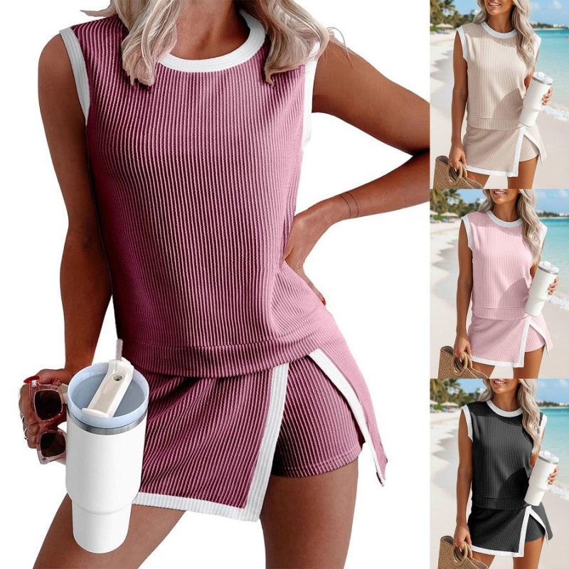 Casual zenski dvodijelni set: T-shirt u boji color-block i capri hlače, poliestersko-spandeks mješavina, 50-70% poliestera, spandex.