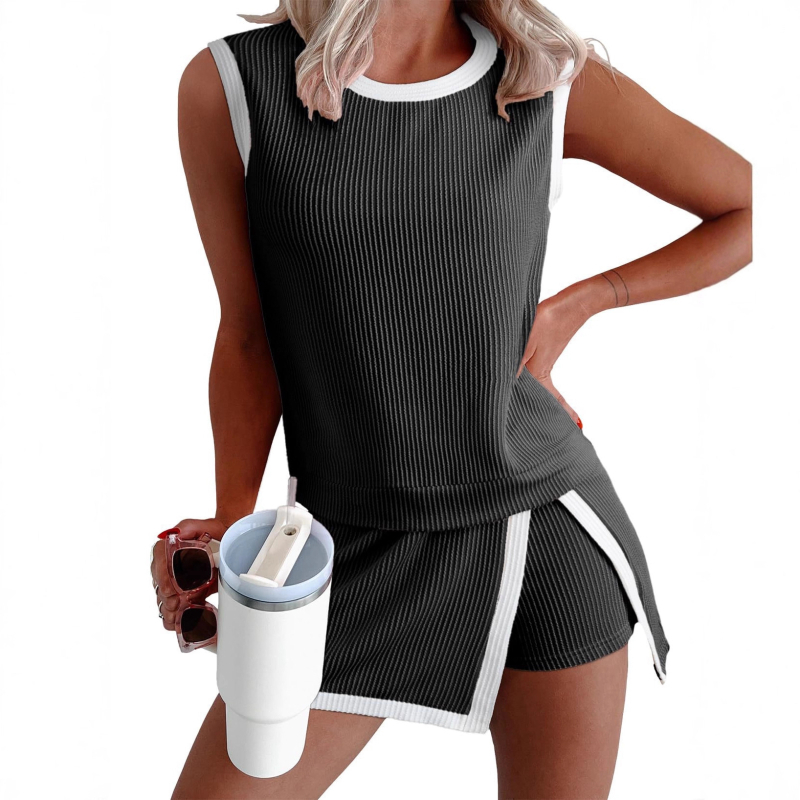 Casual zenski dvodijelni set: T-shirt u boji color-block i capri hlače, poliestersko-spandeks mješavina, 50-70% poliestera, spandex.