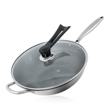 410 rozsdamentes acél wok, méhsejt mintás, tapadásmentes modell, egy alap, mélység 8,8 cm, súly 2 kg, kínai stílus