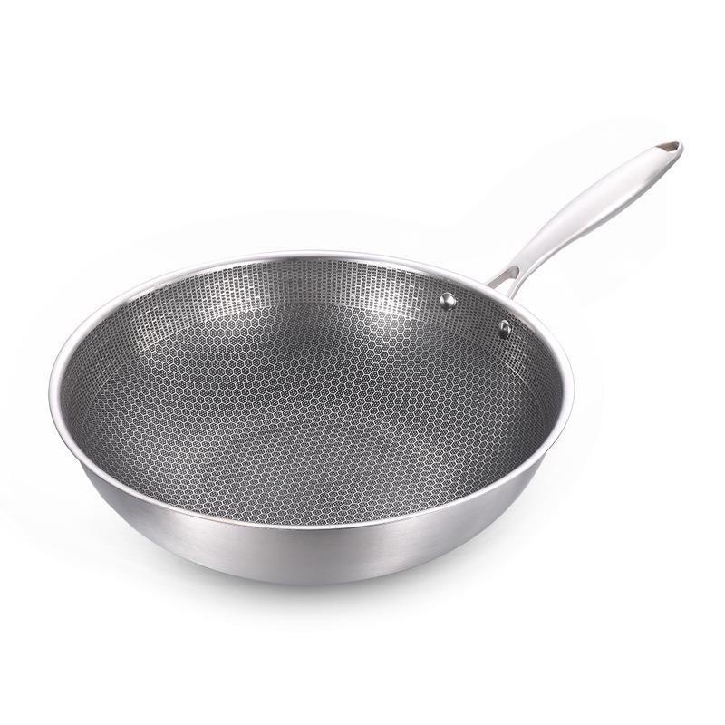 410 rozsdamentes acél wok, méhsejt mintás, tapadásmentes modell, egy alap, mélység 8,8 cm, súly 2 kg, kínai stílus