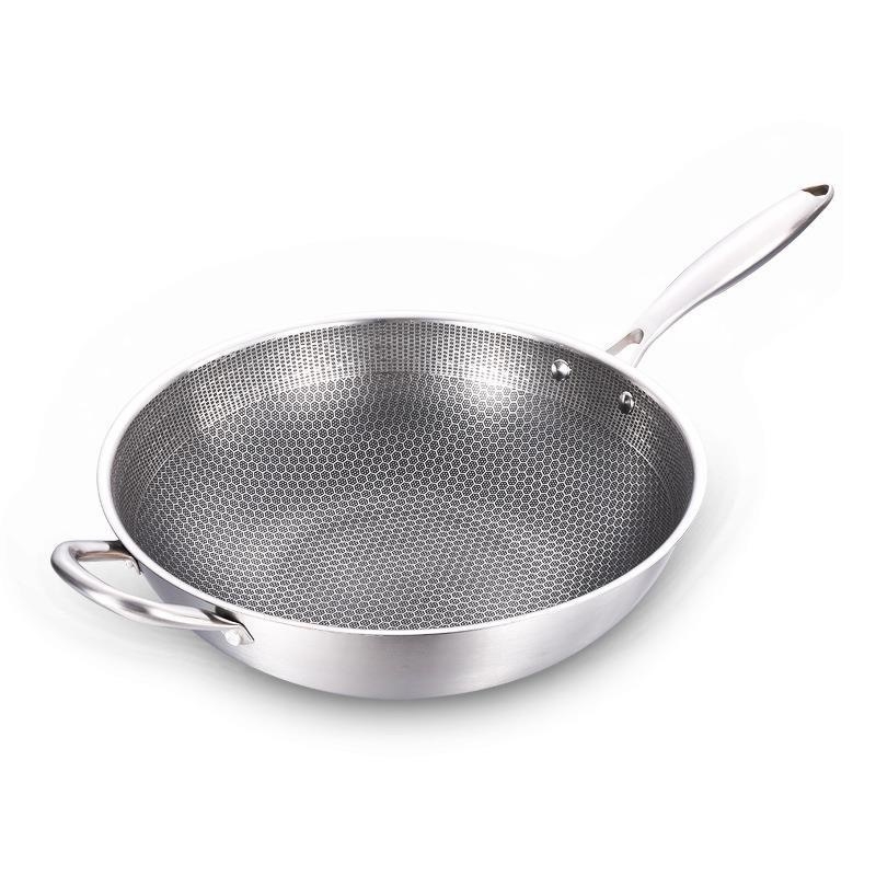 410 rozsdamentes acél wok, méhsejt mintás, tapadásmentes modell, egy alap, mélység 8,8 cm, súly 2 kg, kínai stílus