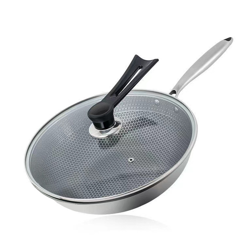 410 rozsdamentes acél wok, méhsejt mintás, tapadásmentes modell, egy alap, mélység 8,8 cm, súly 2 kg, kínai stílus