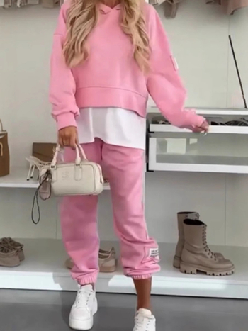Ženski hooded casual sportski set – top od poliestera s kolážnim dizajnom, usklađen uzorak, jesenja sezona