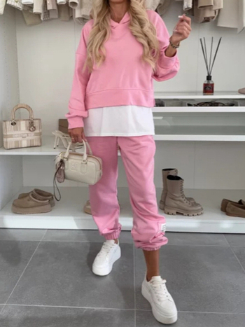 Ženski hooded casual sportski set – top od poliestera s kolážnim dizajnom, usklađen uzorak, jesenja sezona