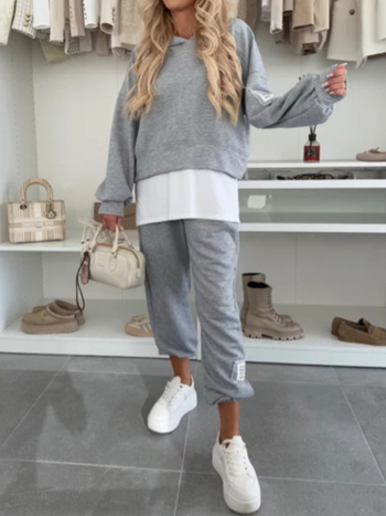 Ženski hooded casual sportski set – top od poliestera s kolážnim dizajnom, usklađen uzorak, jesenja sezona