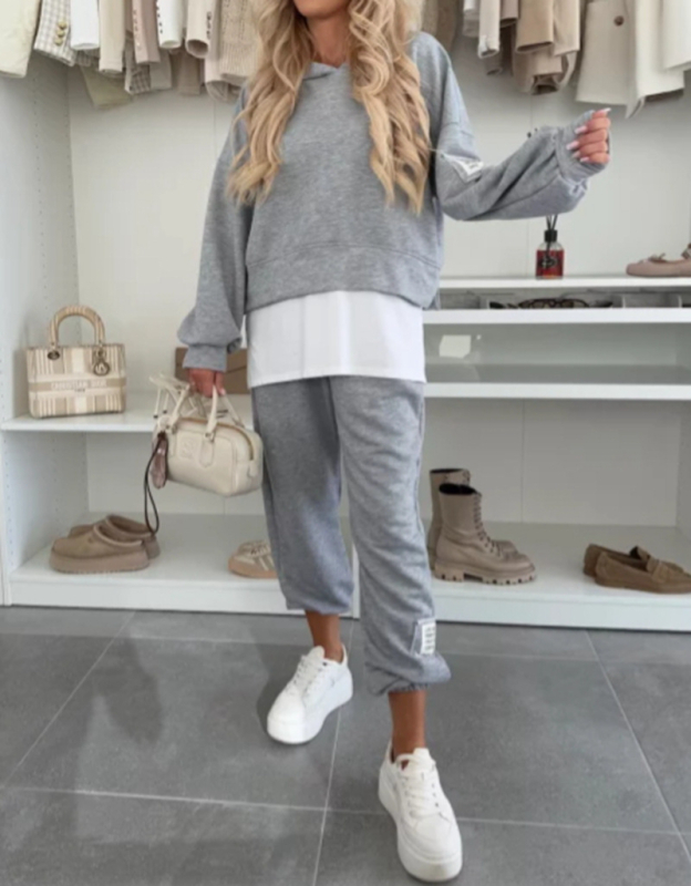 Ženski hooded casual sportski set – top od poliestera s kolážnim dizajnom, usklađen uzorak, jesenja sezona
