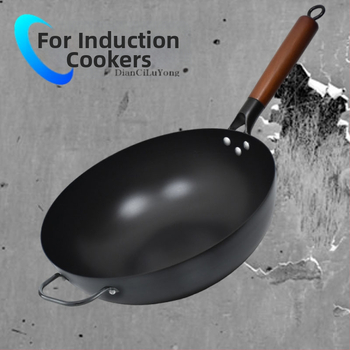 Wok s ravnim dnom od kovanog željeza za plinski štednjak, bez premaz, dvostruka namjena za prženje i sauté, kompatibilan s indukcijskom pločom