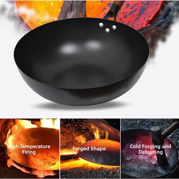 Wok s ravnim dnom od kovanog željeza za plinski štednjak, bez premaz, dvostruka namjena za prženje i sauté, kompatibilan s indukcijskom pločom