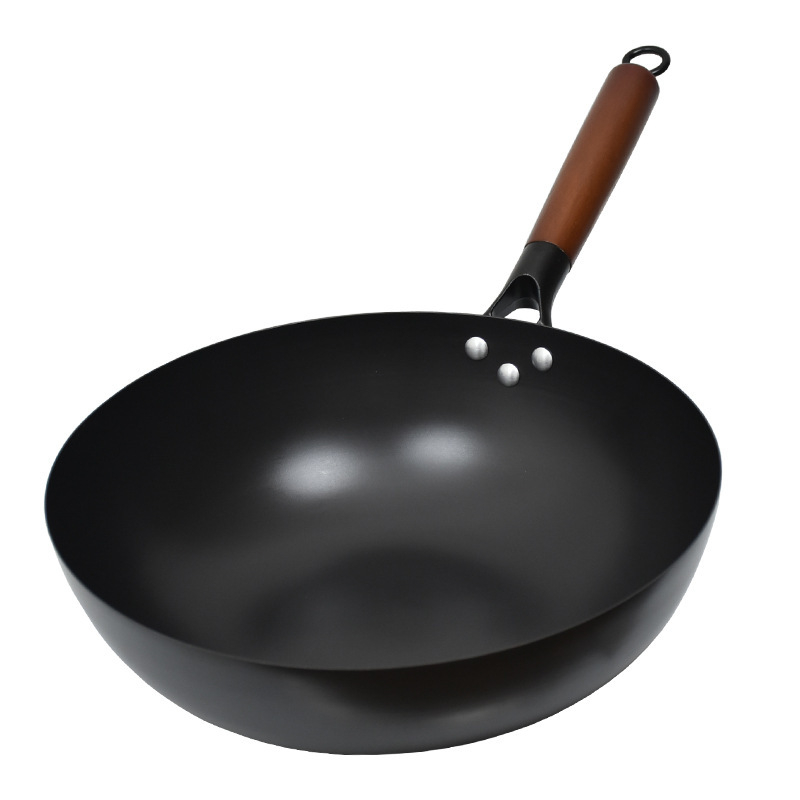 Wok s ravnim dnom od kovanog željeza za plinski štednjak, bez premaz, dvostruka namjena za prženje i sauté, kompatibilan s indukcijskom pločom