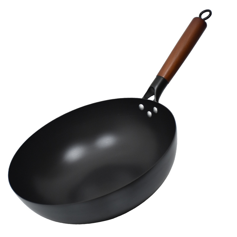 Wok s ravnim dnom od kovanog željeza za plinski štednjak, bez premaz, dvostruka namjena za prženje i sauté, kompatibilan s indukcijskom pločom