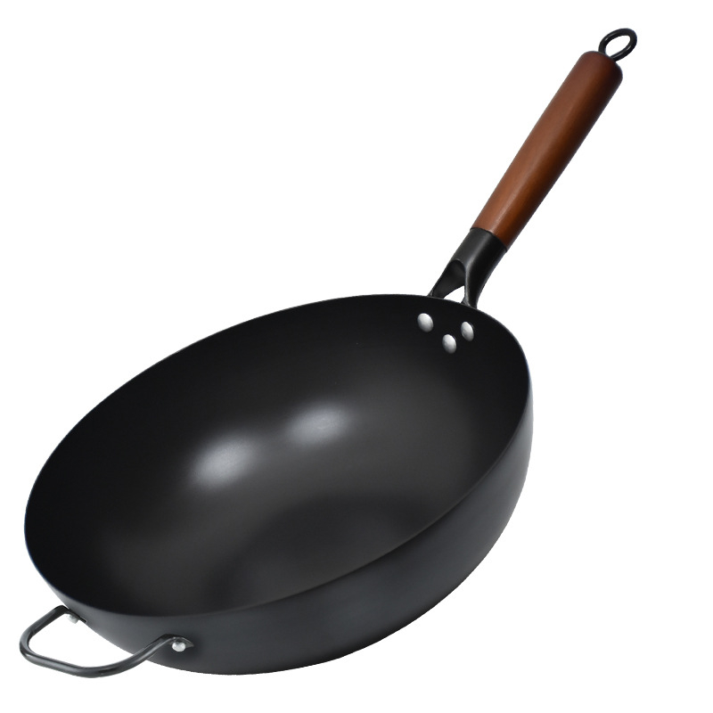 Wok s ravnim dnom od kovanog željeza za plinski štednjak, bez premaz, dvostruka namjena za prženje i sauté, kompatibilan s indukcijskom pločom