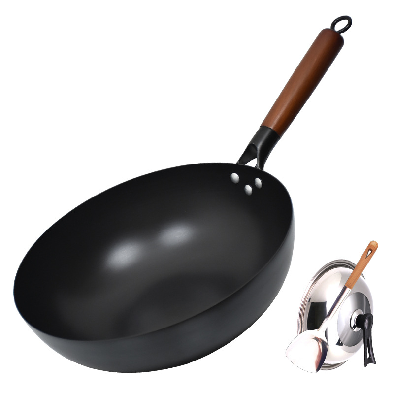Wok s ravnim dnom od kovanog željeza za plinski štednjak, bez premaz, dvostruka namjena za prženje i sauté, kompatibilan s indukcijskom pločom