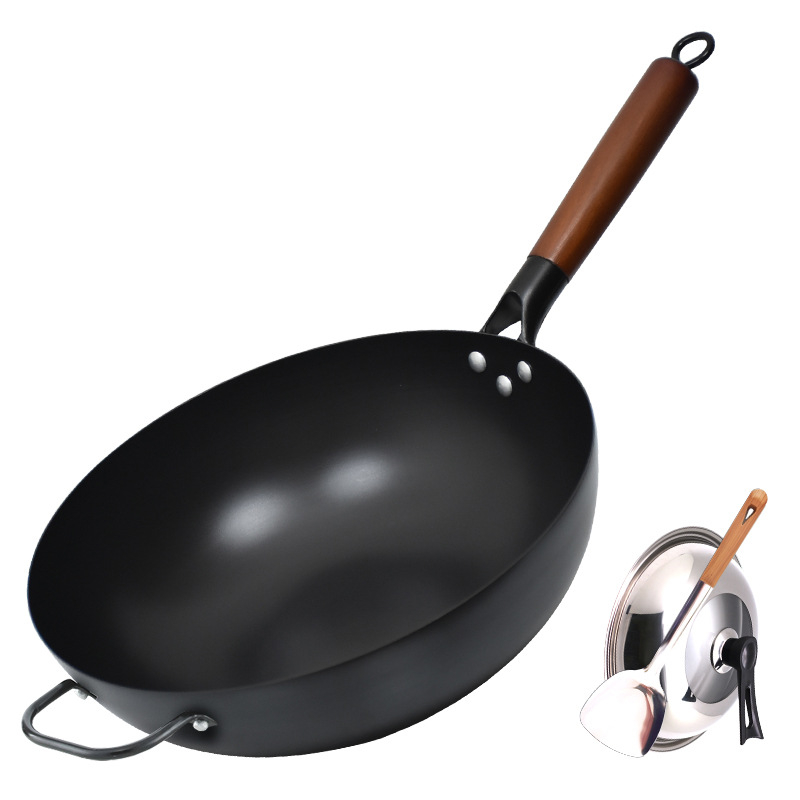 Wok s ravnim dnom od kovanog željeza za plinski štednjak, bez premaz, dvostruka namjena za prženje i sauté, kompatibilan s indukcijskom pločom