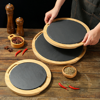 Δίσκος σερβιρίσματος από πέτρινη πλάκα με μπαμπού επέκταση, στρογγυλός, από πεύκο, μοντέρνο μινιμαλιστικό στυλ, δυνατή προσαρμογή και εκτύπωση λογοτύπου