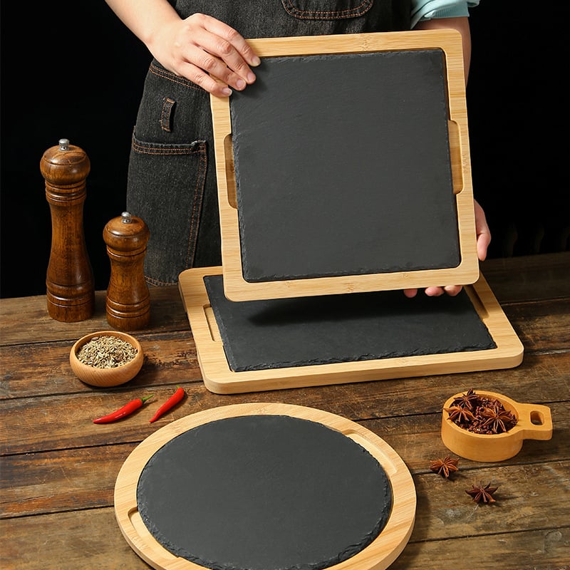 Δίσκος σερβιρίσματος από πέτρινη πλάκα με μπαμπού επέκταση, στρογγυλός, από πεύκο, μοντέρνο μινιμαλιστικό στυλ, δυνατή προσαρμογή και εκτύπωση λογοτύπου