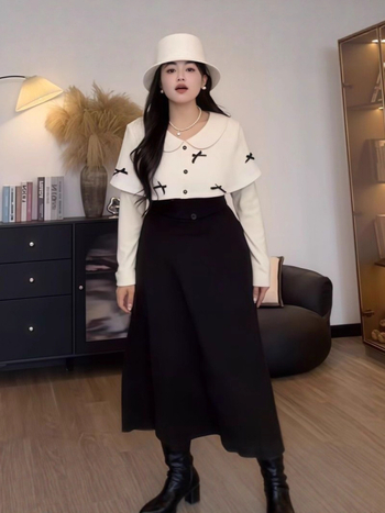 Elegantni ženski kostim u francuskom stilu, set gornji dio i suknja, Top s T-shirt krojem s 3D uzorkom i spojnim šavovima, poliester, Zima 2025