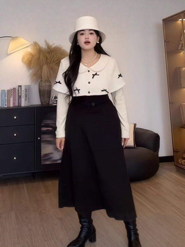 Elegantni ženski kostim u francuskom stilu, set gornji dio i suknja, Top s T-shirt krojem s 3D uzorkom i spojnim šavovima, poliester, Zima 2025