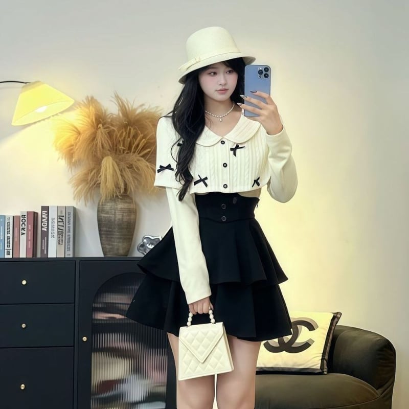 Elegantni ženski kostim u francuskom stilu, set gornji dio i suknja, Top s T-shirt krojem s 3D uzorkom i spojnim šavovima, poliester, Zima 2025