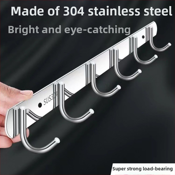 Стенно монтирана закачалка-органайзер от неръждаема стомана за кухня и баня, без пробиване, един ред (Материал: неръждаема стомана; Носимост: 30 кг; Покритие: полиране; Стил: лек лукс)