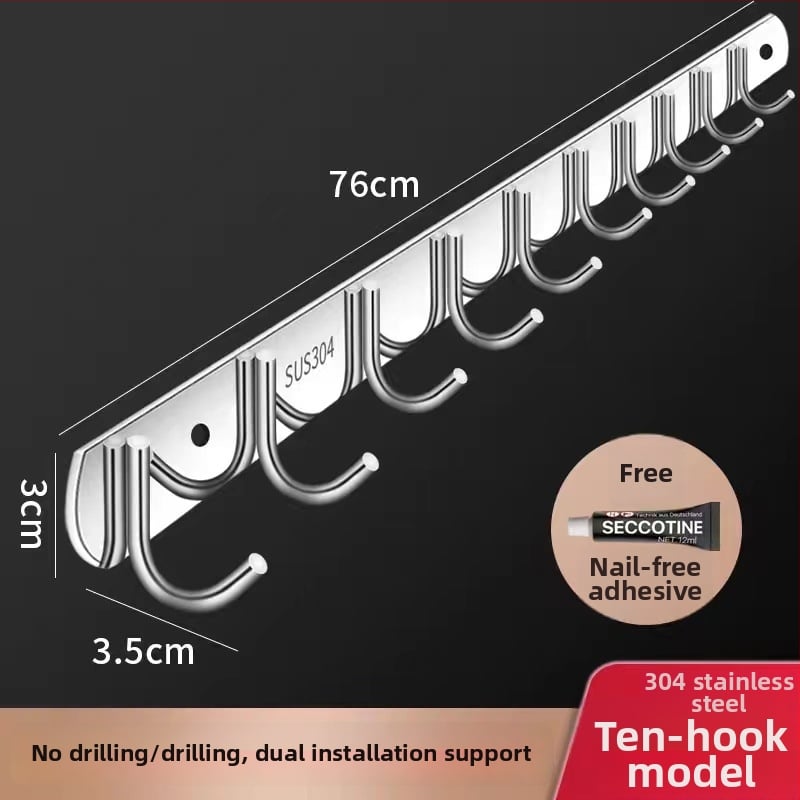 Стенно монтирана закачалка-органайзер от неръждаема стомана за кухня и баня, без пробиване, един ред (Материал: неръждаема стомана; Носимост: 30 кг; Покритие: полиране; Стил: лек лукс)