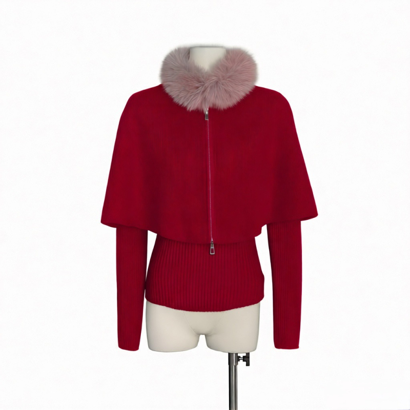 Trodjelni pleteni set: gornji dio, cape-cardigan i šal s krznom za ovratnik; dugi rukavi; kašmir pletenina; poliester-elastan smjesa
