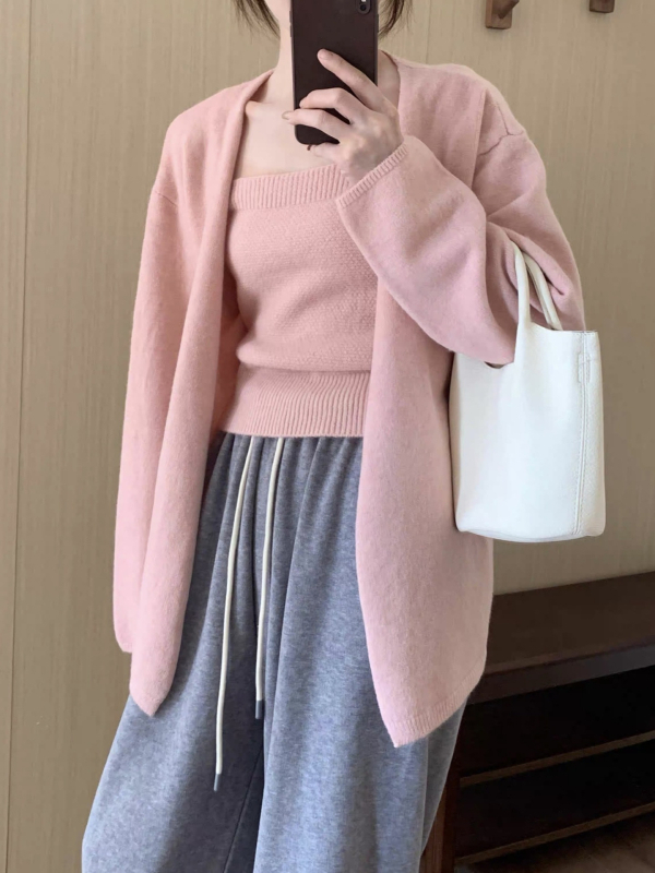 Dvodijelni pleteni set: kardigan i vest, dugi rukavi, ležerni japansko-korejski stil, mješavina vlakana akrila 30–50%, jesensko-zimski model 2025