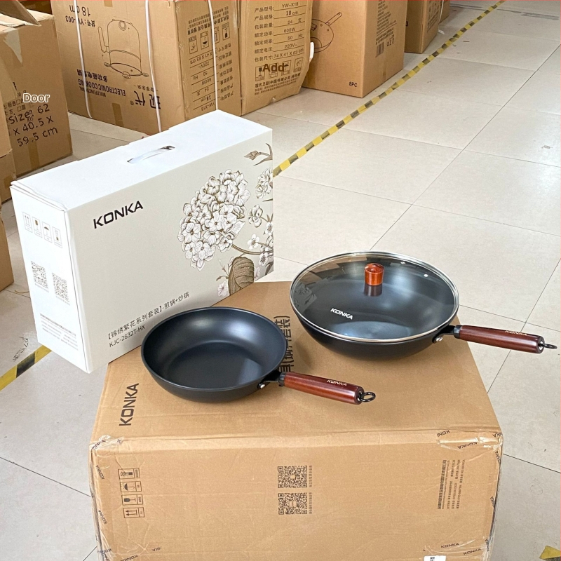 Konka Blossom serija bez premazivanja od lijevanog željeza, dvodijelni set: wok i tiganj
