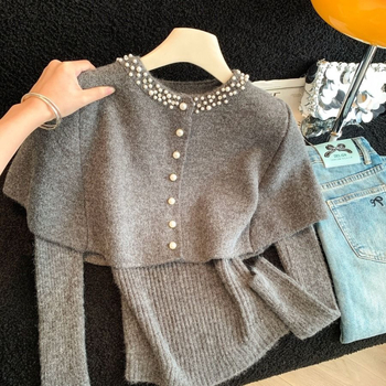 Top-set pleteni komplet — ovčja vuna, dugi rukavi, proljeće, zreli ženski stil