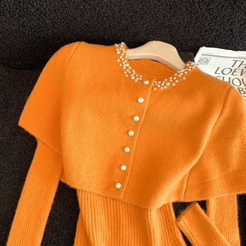 Top-set pleteni komplet — ovčja vuna, dugi rukavi, proljeće, zreli ženski stil