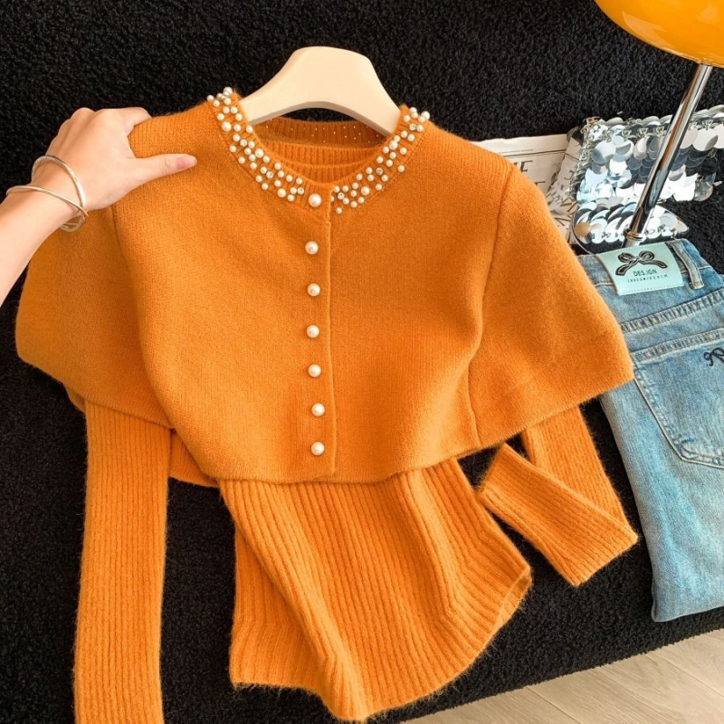 Top-set pleteni komplet — ovčja vuna, dugi rukavi, proljeće, zreli ženski stil